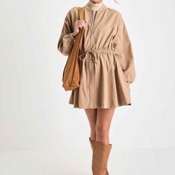 Lulu’s Modern Cutie Light Brown Zip-Front Drawstring Dress W/ Pockets XL NWT - Picture 1 of 8